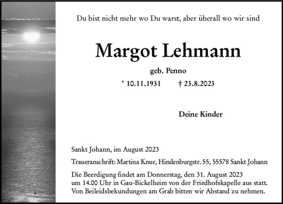 Traueranzeige von Margot Lehmann von Allgemeine Zeitung Bingen/Ingelheim