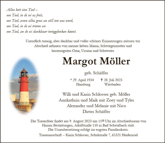 Traueranzeige von Margot Möller von Wiesbadener Kurier