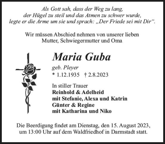Traueranzeige von Maria Guba von Darmstädter Echo