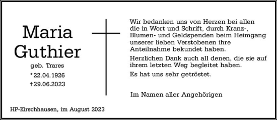 Traueranzeige von Maria Guthier von Starkenburger Echo