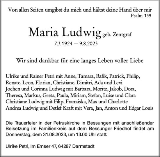 Traueranzeige von Maria Ludwig von Darmstädter Echo