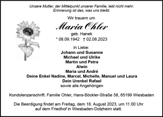 Traueranzeige von Maria Ohler von Wiesbadener Kurier