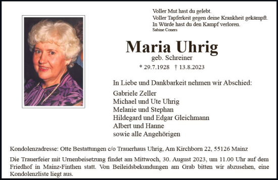 Traueranzeige von Maria Uhrig von Allgemeine Zeitung Mainz