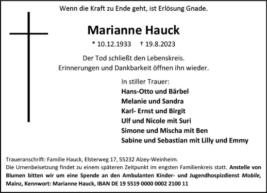 Traueranzeige von Marianne Hauck von Allgemeine Zeitung Alzey
