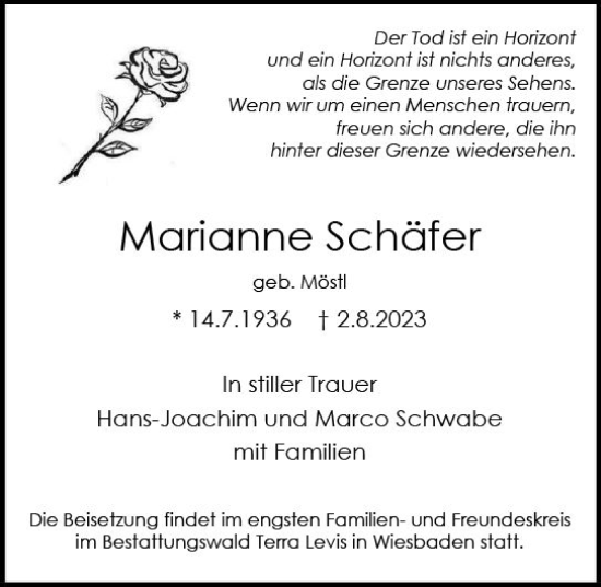 Traueranzeige von Marianne Schäfer von Wiesbadener Kurier