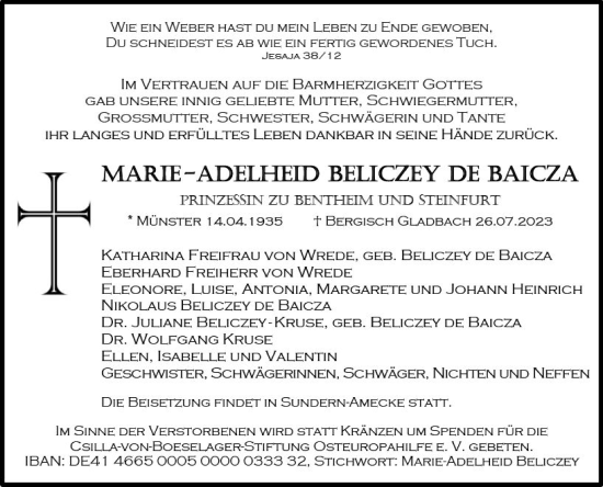 Traueranzeige von Marie-Adelheid  Beliczey de Baicza von Wiesbadener Kurier