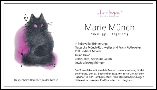 Traueranzeige von Marie Münch von Bergsträßer Anzeiger