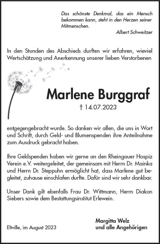 Traueranzeige von Marlene Burggraf von Rheingau Kurier