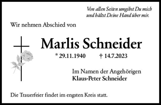 Traueranzeige von Marlis Schneider von Wiesbadener Kurier