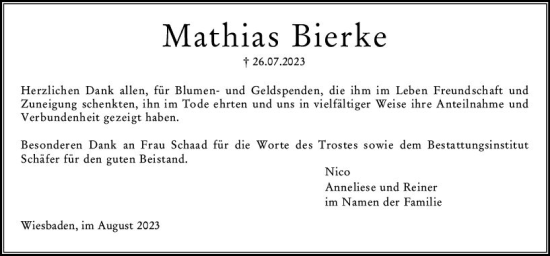 Traueranzeige von Mathias Bierke von Wiesbadener Kurier