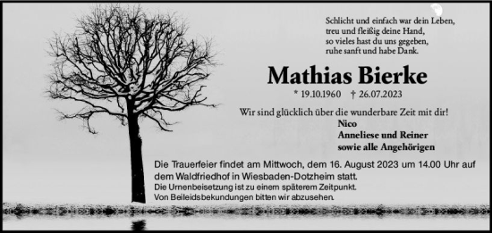Traueranzeige von Mathias Bierke von Wiesbadener Kurier