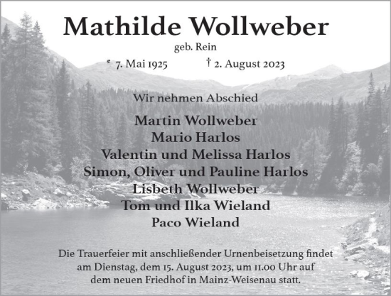 Traueranzeige von Mathilde Wollweber von Wiesbadener Kurier