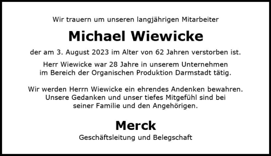 Traueranzeige von Michael Wiewicke von Darmstädter Echo