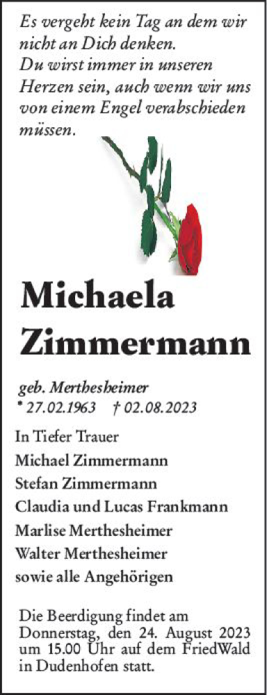 Traueranzeige von Michaela Zimmermann von Starkenburger Echo