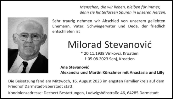 Traueranzeige von Milorad Stevanovic von Darmstädter Echo