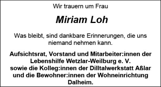 Traueranzeige von Miriam Loh von Weilburger Tageblatt