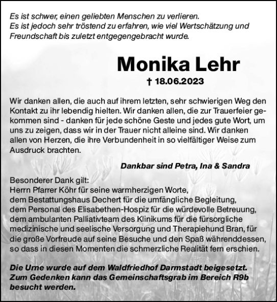Traueranzeige von Monika Lehr von Darmstädter Echo