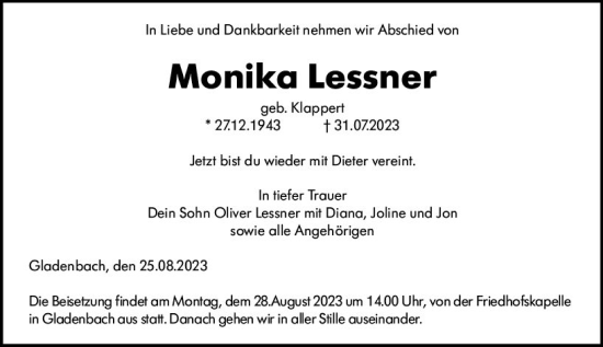 Traueranzeige von Monika Lessner von Hinterländer Anzeiger