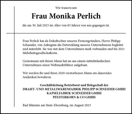 Traueranzeige von Monika Perlich von Allgemeine Zeitung Bad Kreuznach