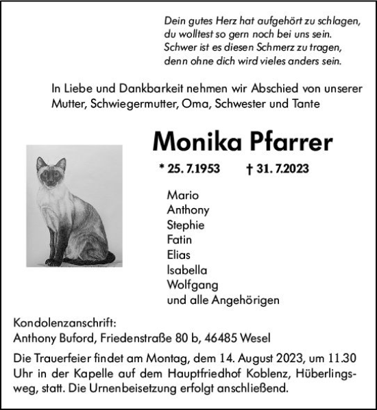 Traueranzeige von Monika Pfarrer von Wiesbadener Kurier