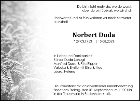 Traueranzeige von Norbert Duda von Allgemeine Zeitung Mainz