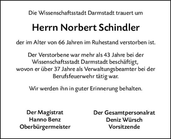 Traueranzeige von Norbert Schindler von Darmstädter Echo