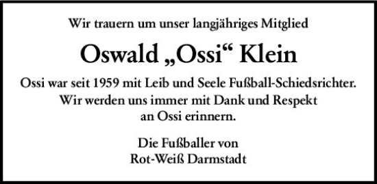 Traueranzeige von Oswald Klein von Darmstädter Echo