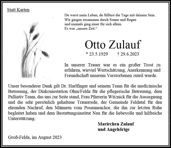 Traueranzeige von Otto Zulauf von Oberhessen Kurier