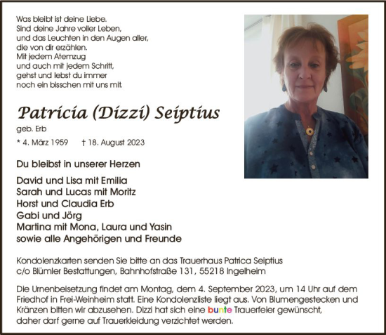 Traueranzeige von Patricia Seiptius von Allgemeine Zeitung Bingen/Ingelheim