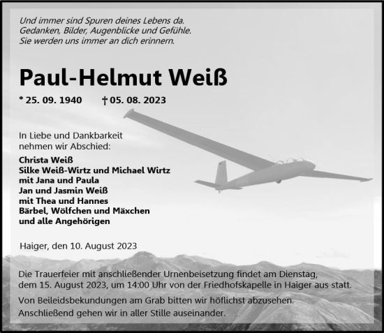 Traueranzeige von Paul-Helmut Weiß von Dill Block