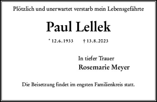 Traueranzeige von Paul Lellek von Wiesbadener Kurier