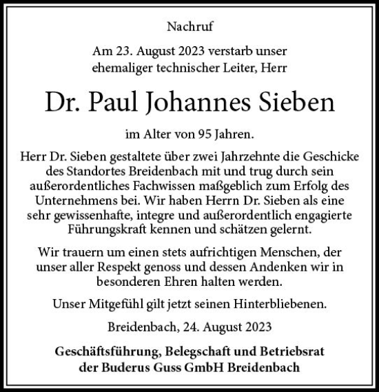 Traueranzeige von Paul Johannes Sieben von Hinterländer Anzeiger