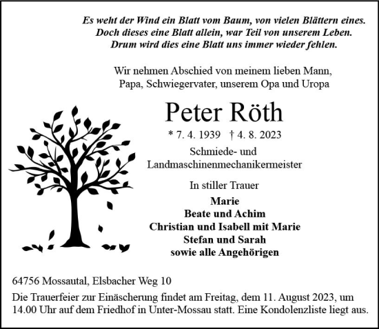 Traueranzeige von Peter Röth von Odenwälder Echo