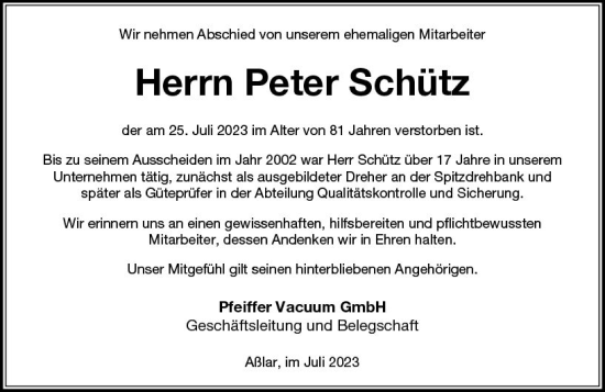 Traueranzeige von Peter Schütz von Wetzlarer Neue Zeitung