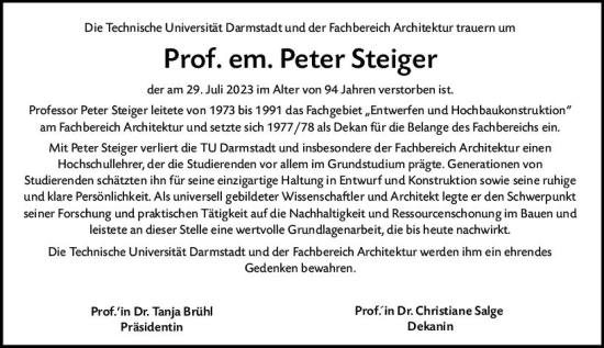 Traueranzeige von Peter Steiger von Darmstädter Echo