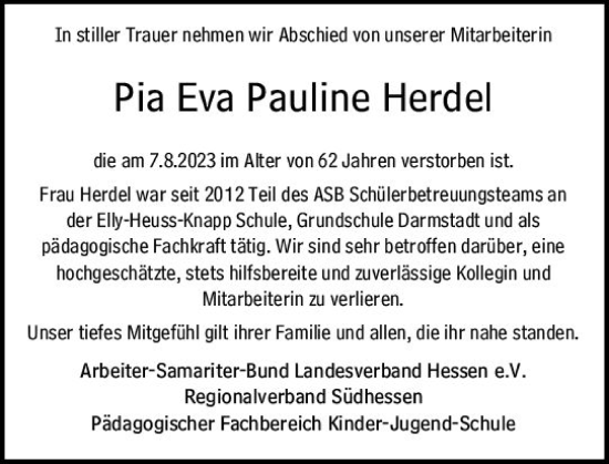 Traueranzeige von Pia Eva Pauline Herdel von Darmstädter Echo