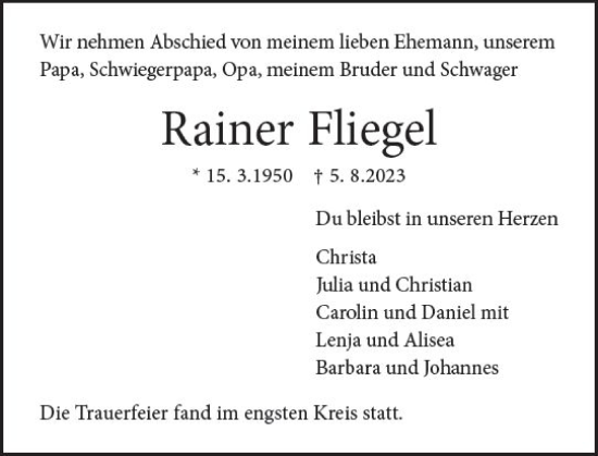 Traueranzeige von Rainer Fliegel von Wiesbadener Kurier