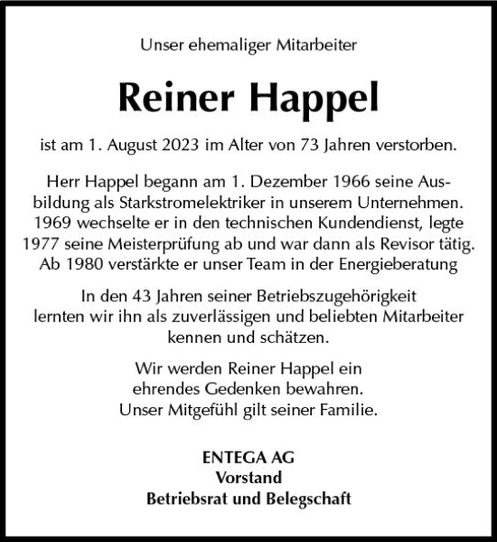 Traueranzeige von Reiner Happel von Odenwälder Echo
