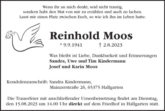 Traueranzeige von Reinhold Moos von Rheingau Kurier