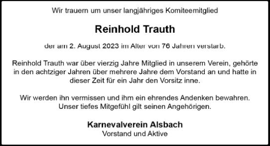 Traueranzeige von Reinhold Trauth von Darmstädter Echo