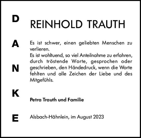 Traueranzeige von Reinhold Trauth von Darmstädter Echo