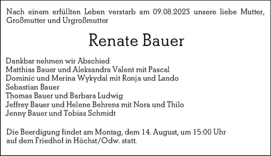 Traueranzeige von Renate Bauer von Odenwälder Echo