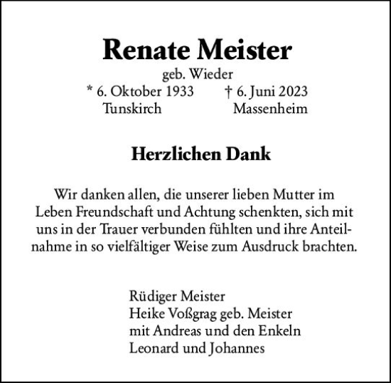 Traueranzeige von Renate Meister von Wiesbadener Kurier