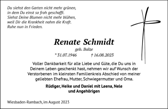 Traueranzeige von Renate Schmidt von Wiesbadener Kurier