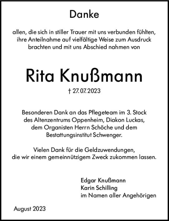 Traueranzeige von Rita Knußmann von Allgemeine Zeitung Mainz