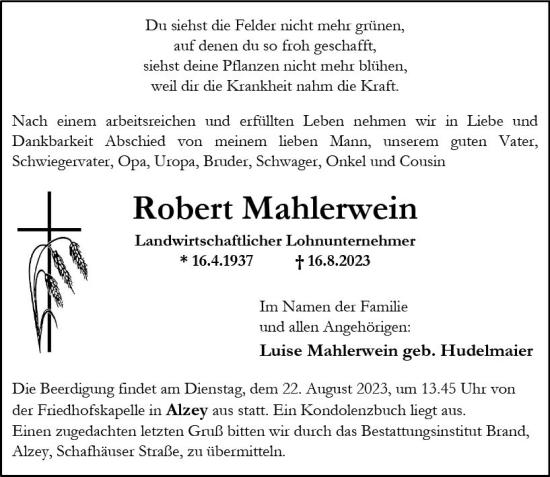 Traueranzeige von Robert Mahlerwein von Allgemeine Zeitung Alzey