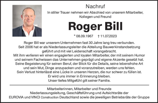 Traueranzeige von Roger Bill von Nassauische Neue Presse