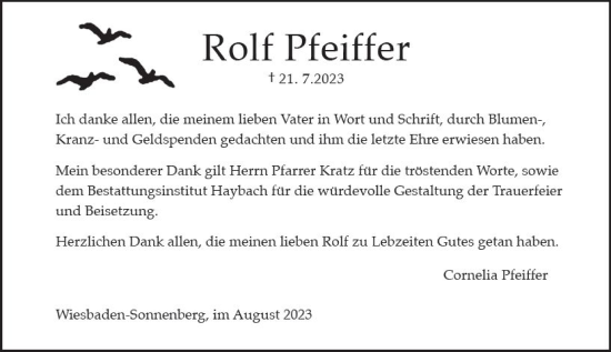 Traueranzeige von Rolf Pfeiffer von Wiesbadener Kurier