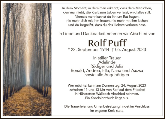 Traueranzeige von Rolf Puff von Wiesbadener Kurier