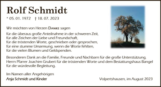 Traueranzeige von Rolf Schmidt von Wetzlarer Neue Zeitung